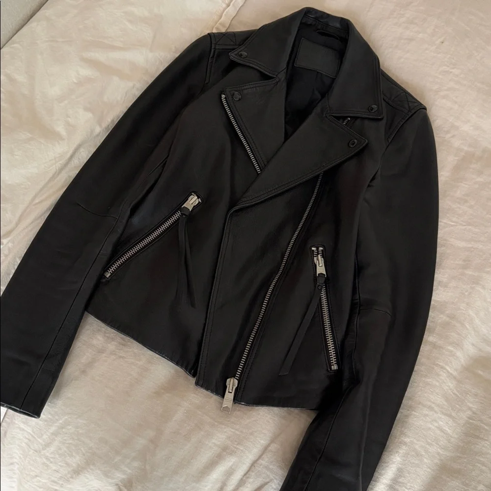 All Saints Classic Dalby Black Biker Leather Jacket US 6 - Picture 3 of 5